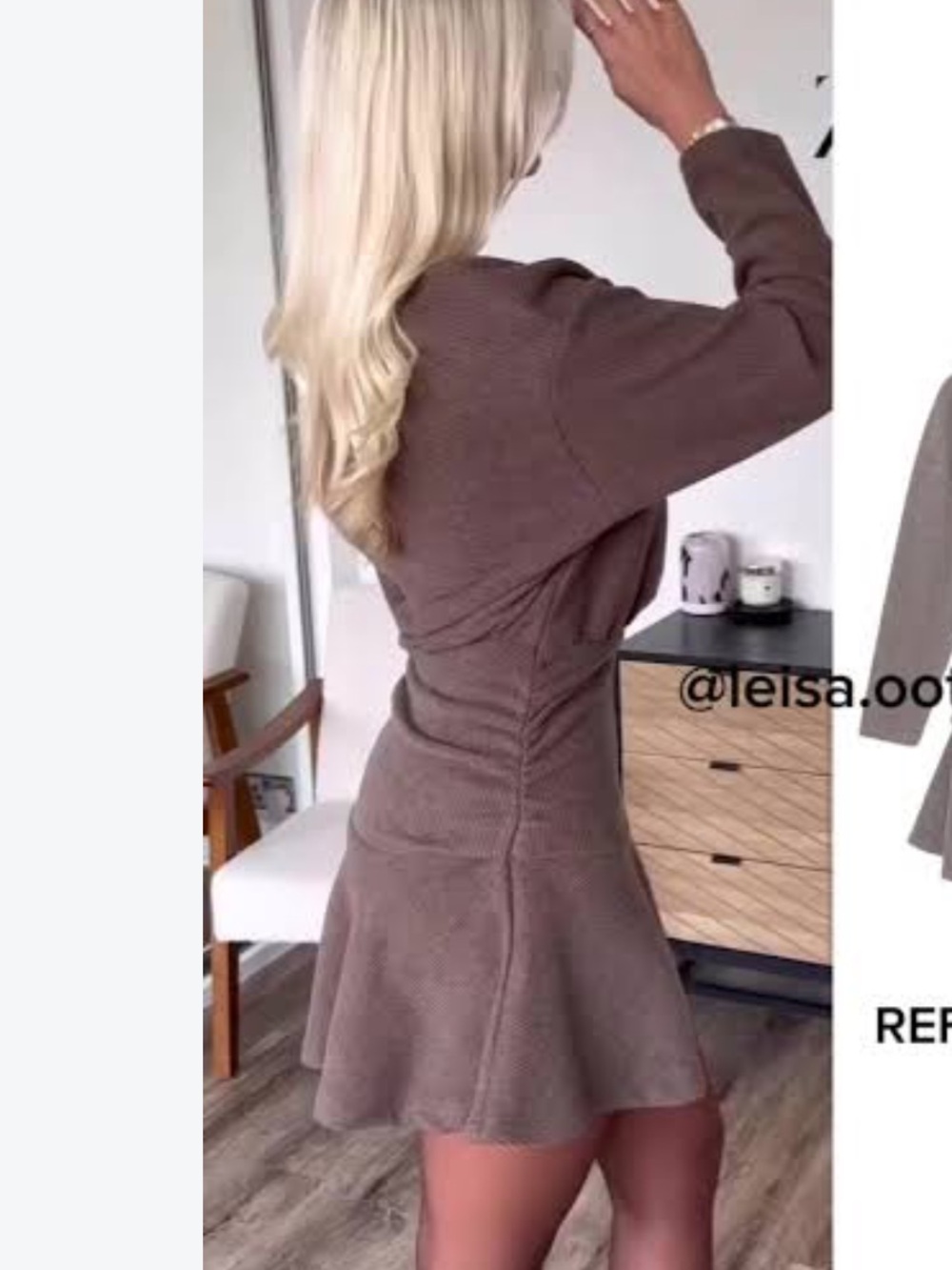 Zara Ribbed Knit Long-Sleeve Mini Dress in Taupe Brown